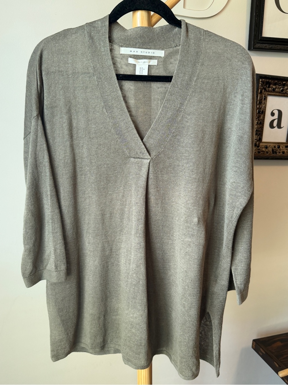 Women’s 100% Linen Pullover Top Taupe All Season Sweater 3/4 Sleeves Medium